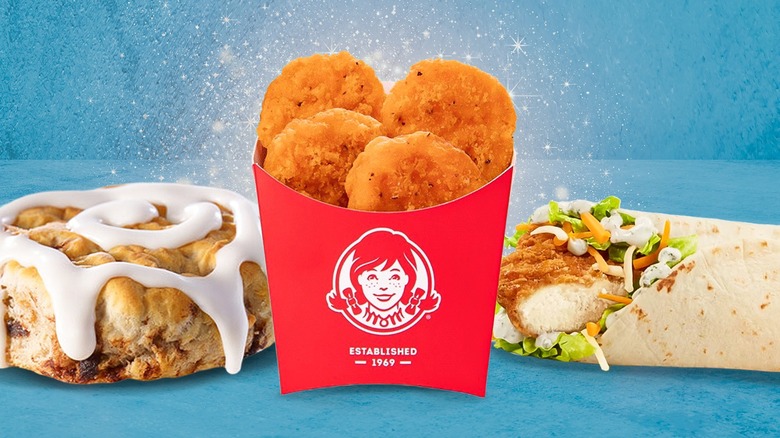 Hardee's cinnamon 'n raisin biscuits, Wendy's spicy nuggets, and McDonald's snack wrap