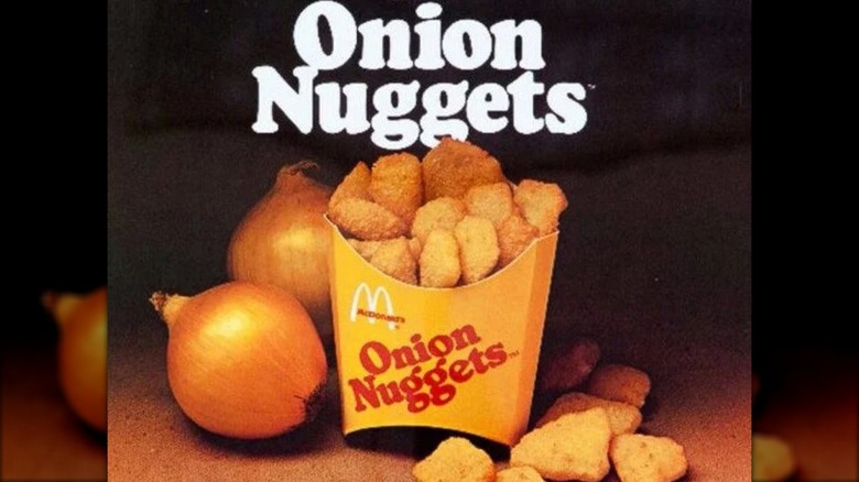 Onion nuggets advertisement with onions and chicken nuggets
