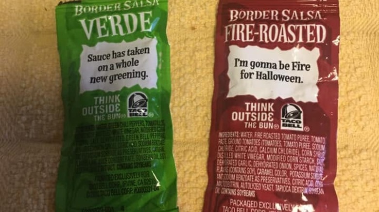 Packets of verde Border Salsa and fire-roasted Border Salsa