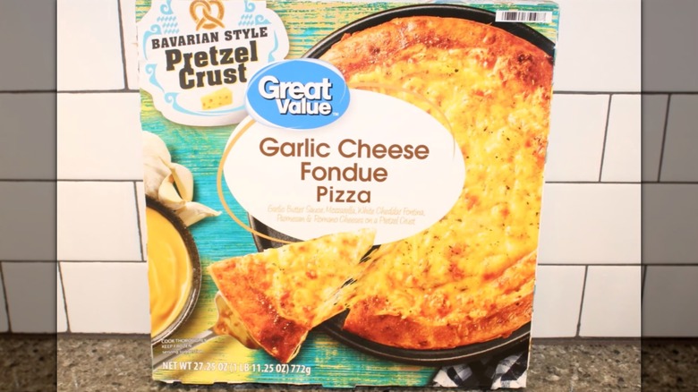 Great Value Bavarian Style Pretzel Crust Garlic Cheese Fondue Pizza box on counter