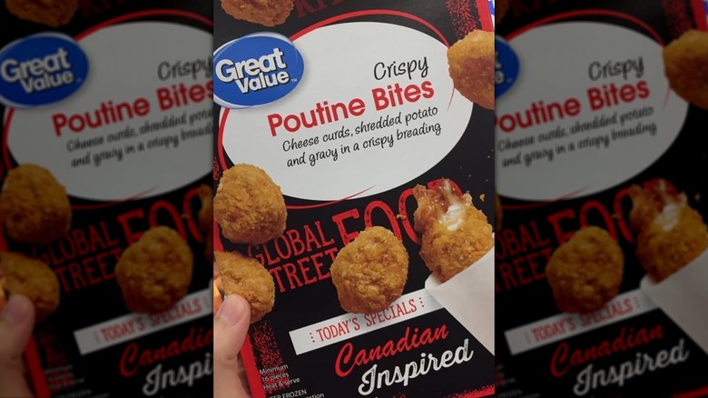 Close-up of box of Great Value Poutine Bites