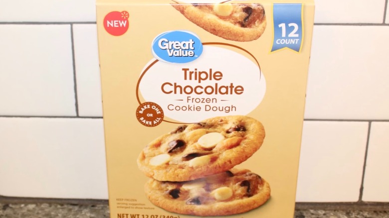 Box of Great Value Triple Chocolate Frozen Cookie Dough on counter