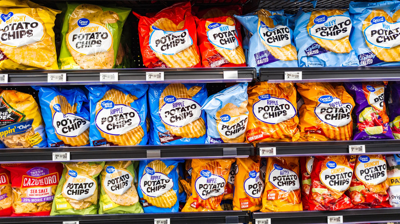 Shelves of Great Value potato chips in Walmart store