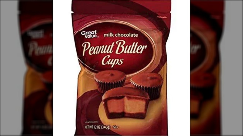 Bag of Great Value peanut butter cups on white background