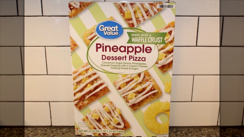 Box of Great Value Pineapple Dessert Pizza on kitchen counter