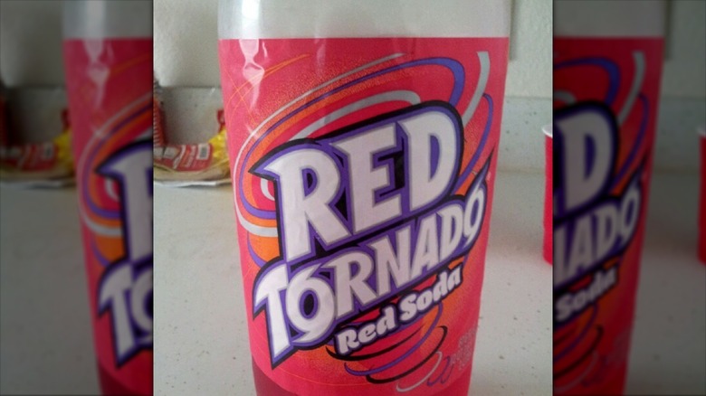 Close-up of bottle of Great Value Red Tornado soda on kitchen counter