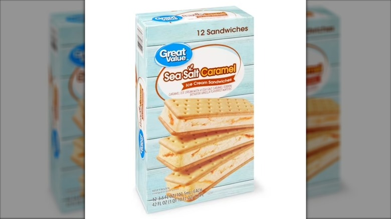 Box of Great Value Sea Salt Caramel Ice Cream Sandwiches on white background