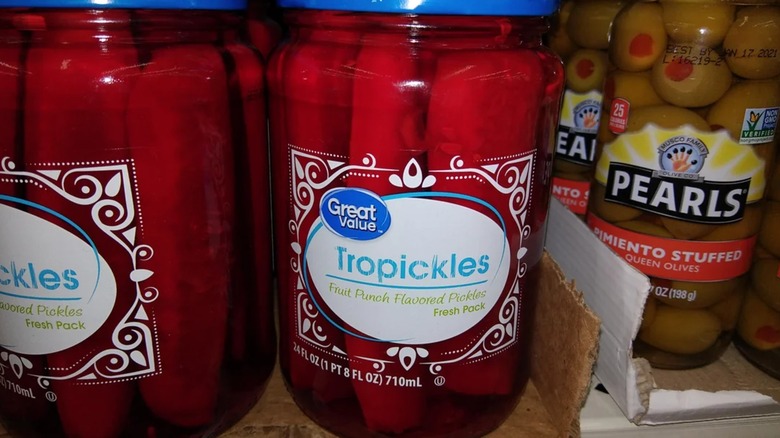 Jar of Great Value Tropickles on store shelf