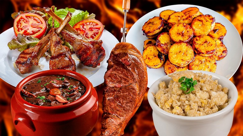 A variety of plated Brazilian steakhouse dishes