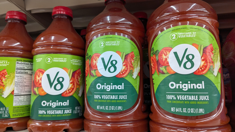 Bottles of V8 Original Vegetable Tomato Juice On Store Shelf