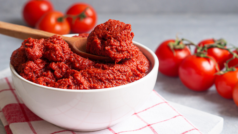 Bowl of tomato paste with fresh tomatoes in the background