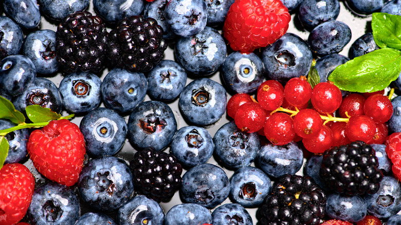 Close up of mixed berries in a large pile