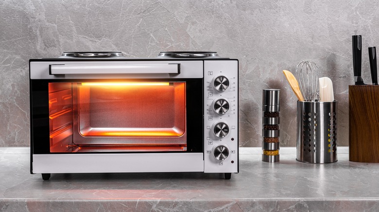 glowing toaster oven on counter
