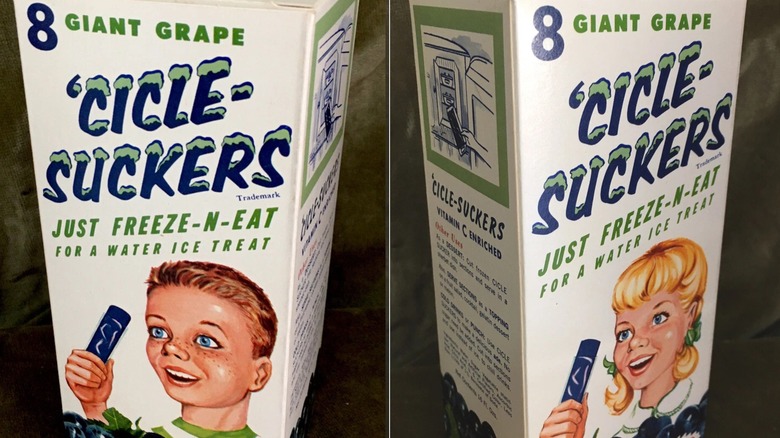 Two boxes of 'Cicle-Suckers, one with an illustration of a girl on it and one with an illustration of a boy