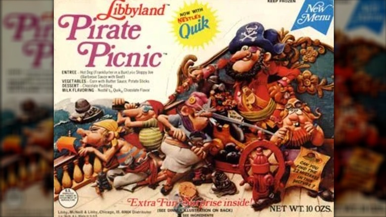 A Pirate Picnic Libbyland Frozen Dinner has animated pirates on it.