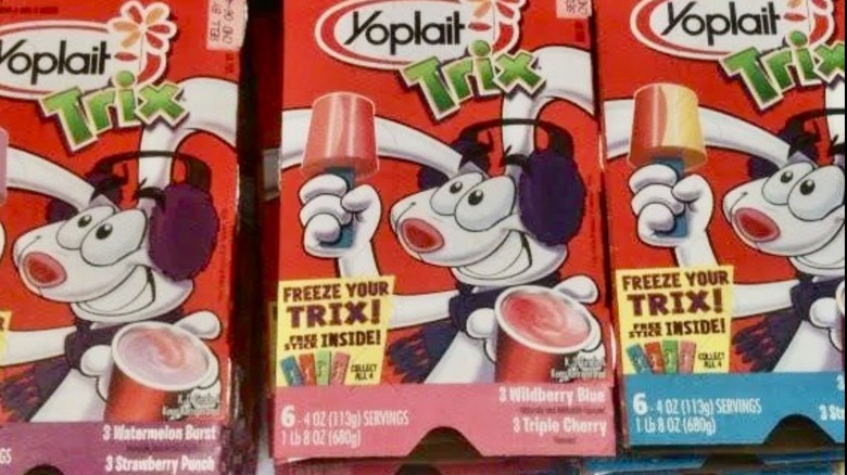 Boxes of Trix yogurt sit on a shelf.