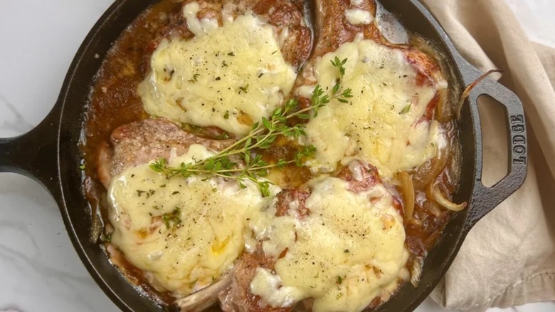 Skillet of French onion pork chops