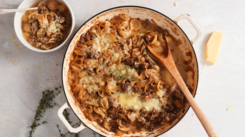 French onion soup casserole in pot