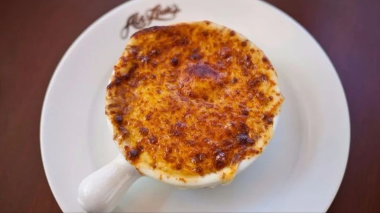 French onion soup au gratin in white dish