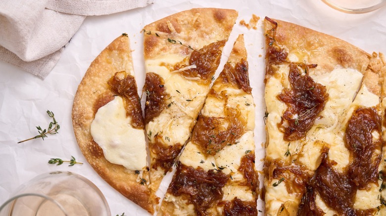 French onion flatbread cut into triangles