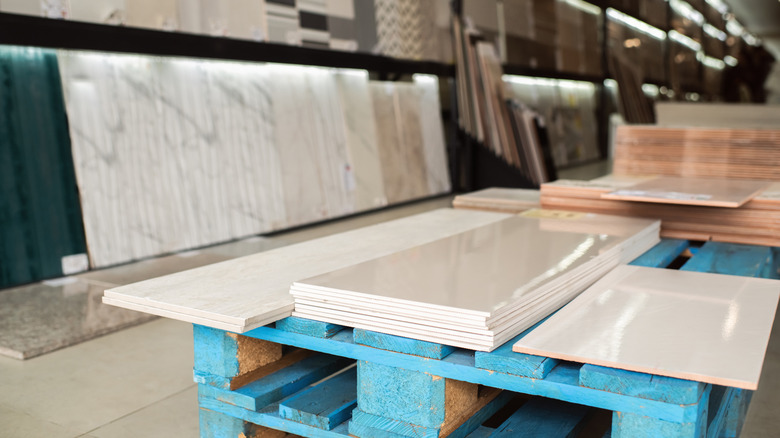 Several slabs in a granite warehouse