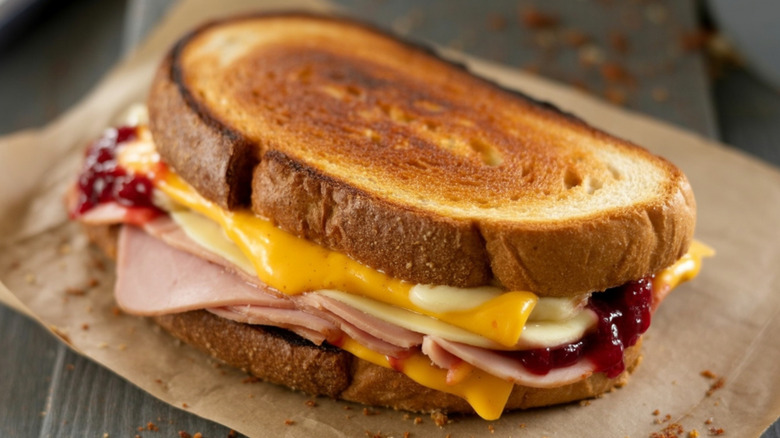 Grilled Monte Cristo sandwich with ham, cheese, and jam