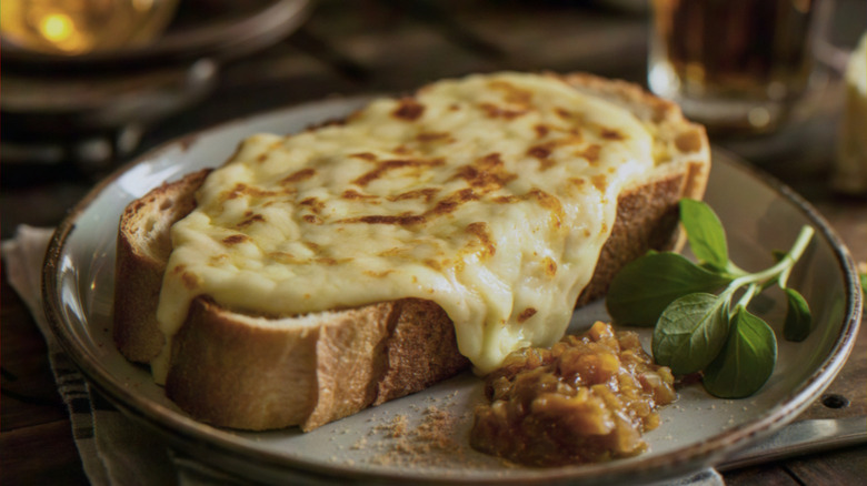 Welsh rarebit on plate with chutney and greens