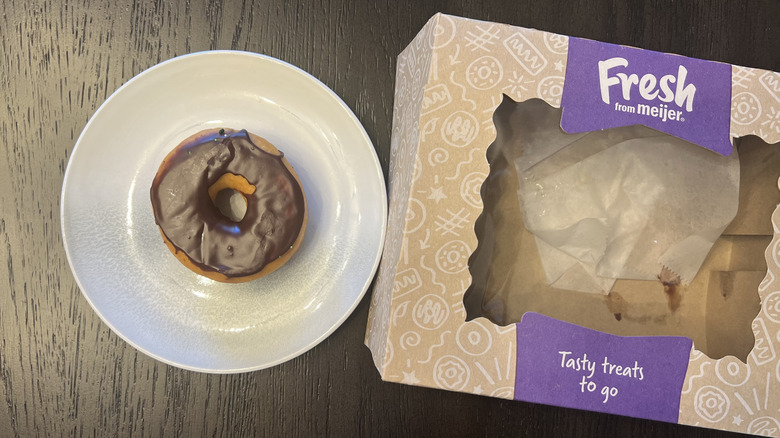 Chocolate iced donut from Meijer on a plate