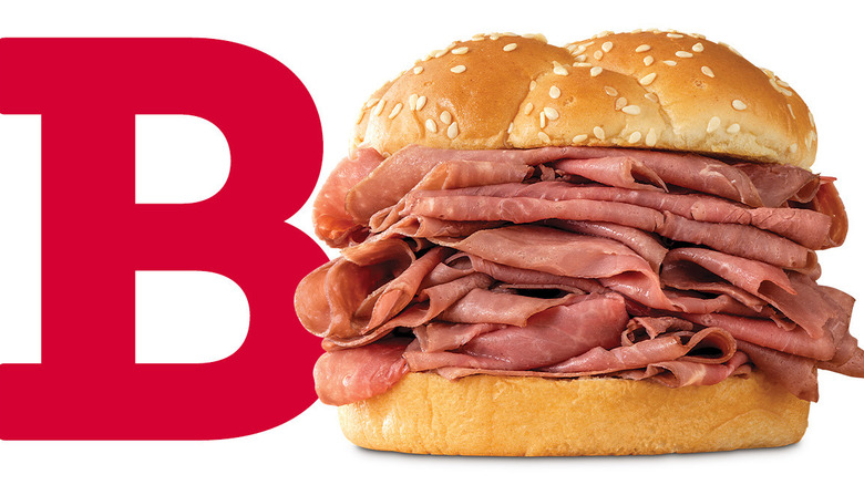 Arby's roast beef sandwich next to the letter B
