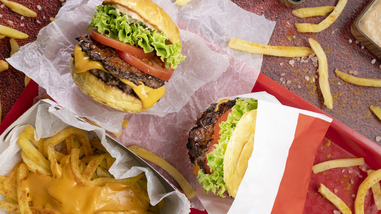 burger, taco, and cheese fries on a stone table