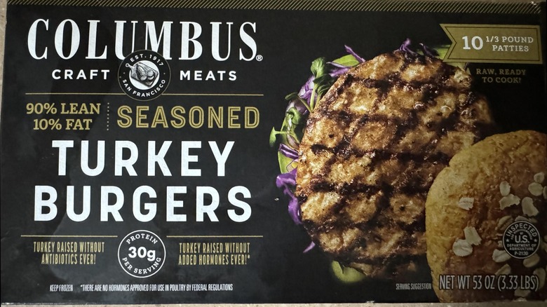 A box of Columbus Seasoned Turkey Burgers from Costco