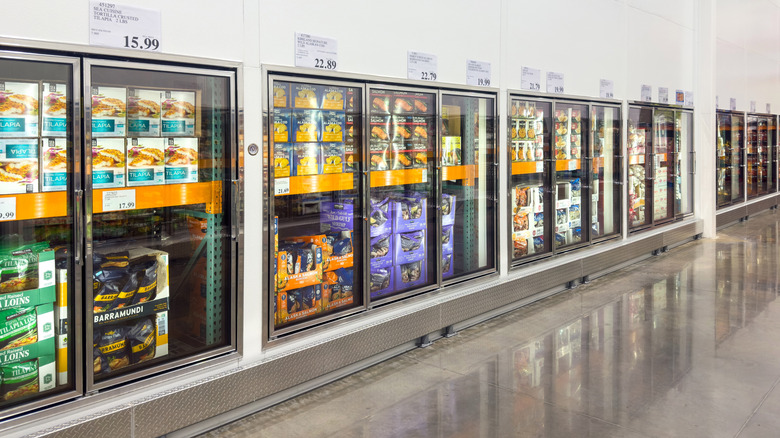 The frozen food section of a Costco warehouse