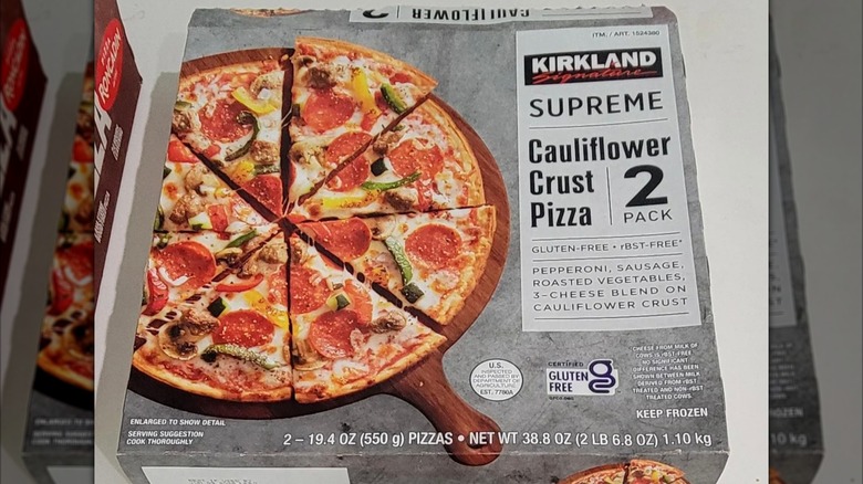 A Kirkland Signature Cauliflower Crust Pizza Supreme box displayed