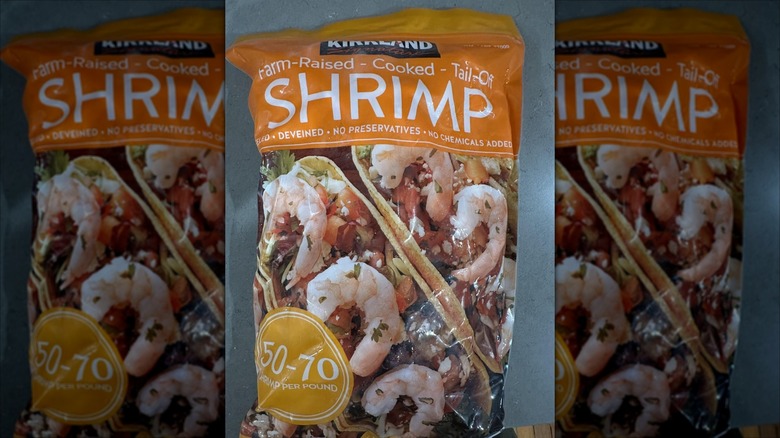 A package of Kirkland Signature Farm-Raised Cooked Shrimp