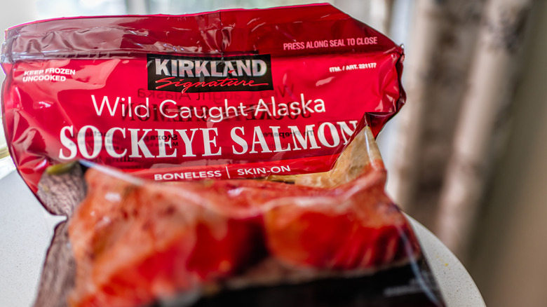 A package of Kirkland Signature Wild Alaskan Sockeye Salmon