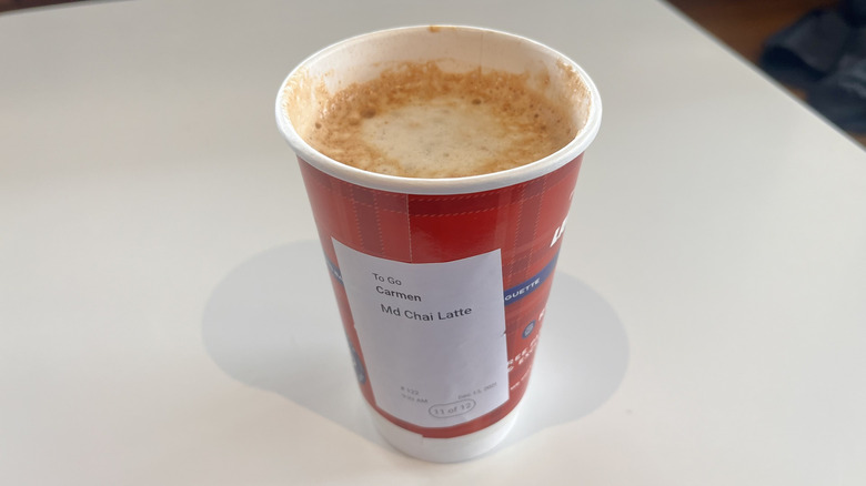 Chai latte in a red cup