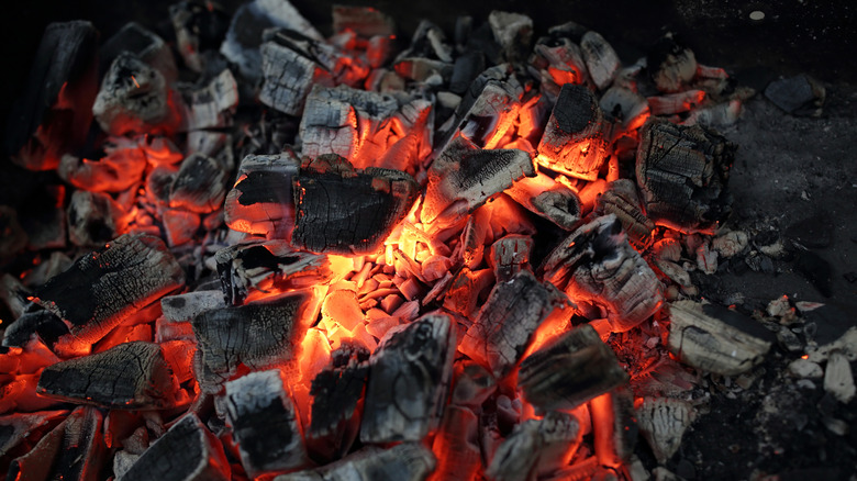 Close up of flaming coals on the ground