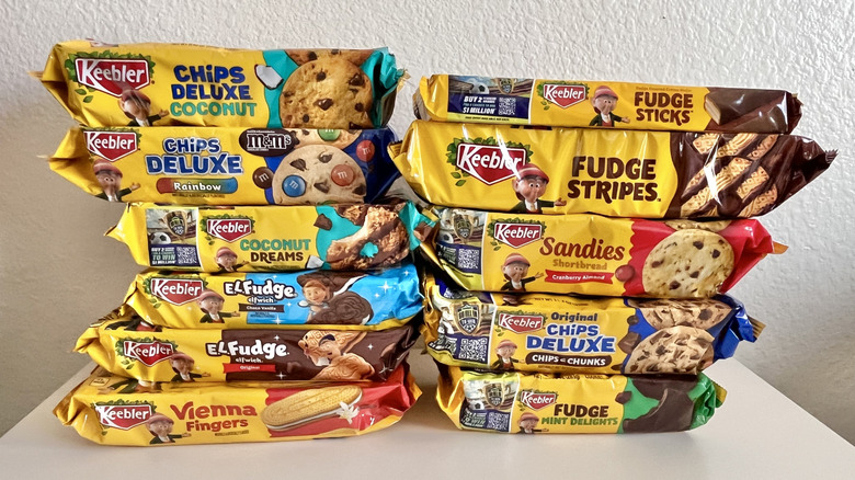 Various Keebler cookies stacked on a table