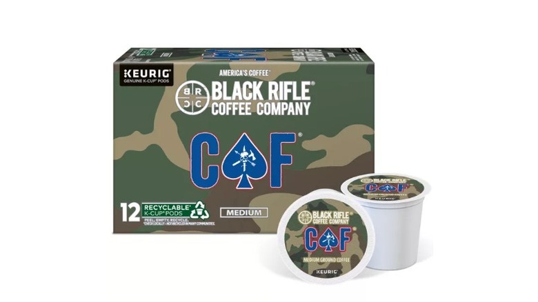 Two pods and one box of Black Rifle Coffee Company CAF coffee on a white background