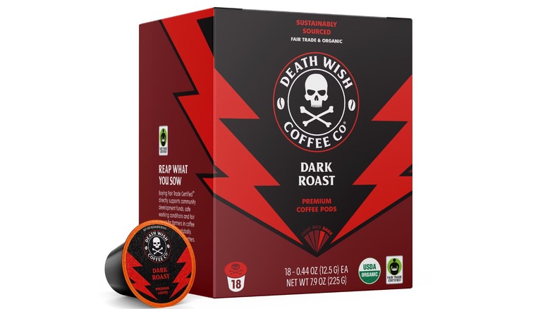 An 18-count box of Death Wish Coffee Company Dark Roast coffee pods on a white background