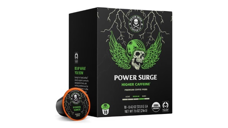 A box of 18 Death Wish Power Surge Higher Caffeine coffee pods, with one pod on the outside, on a white background