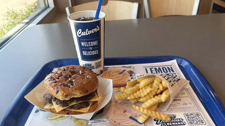 Culver's meal featuring a ButterBurger, french fries, and a drink