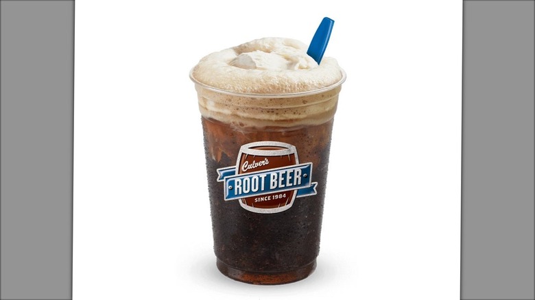 Close-up of Culver's signature root beer float with thick foam