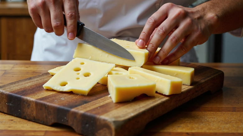 Hands cutting cheese on wooden cutting board
