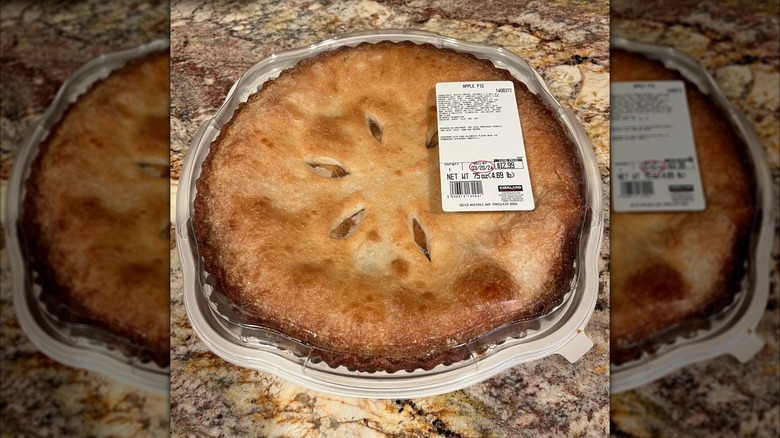 Costco apple pie in packaging on countertop