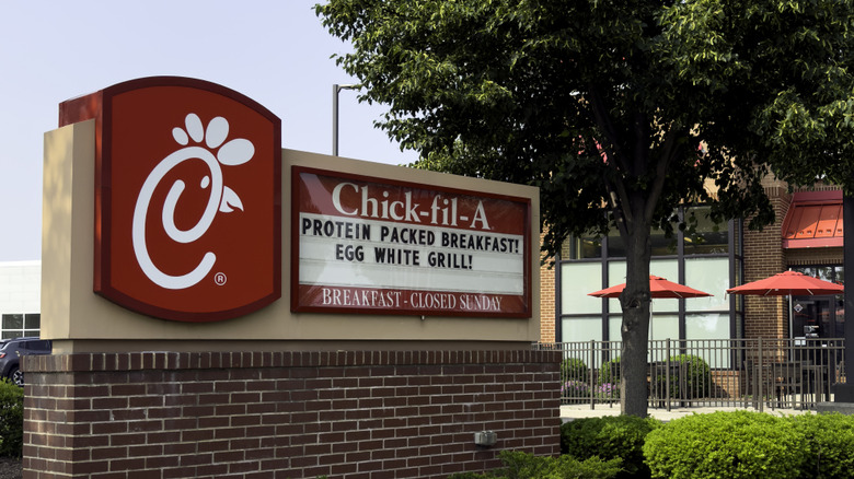 Th exterior of a Chick-fil-A with its chicken logo