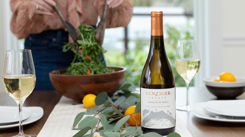 Bottle and glass of Benziger Paradiso De Maria Sauvignon Blanc
