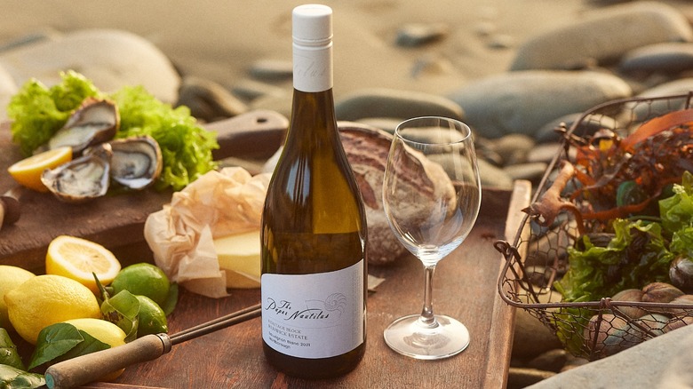 Bottle of Nautilus 'The Paper' Sauvignon Blanc with oysters