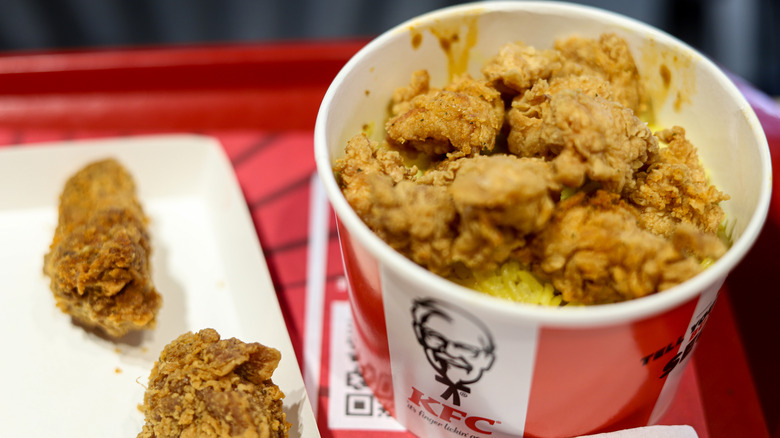 Close up of KFC chicken in bucket