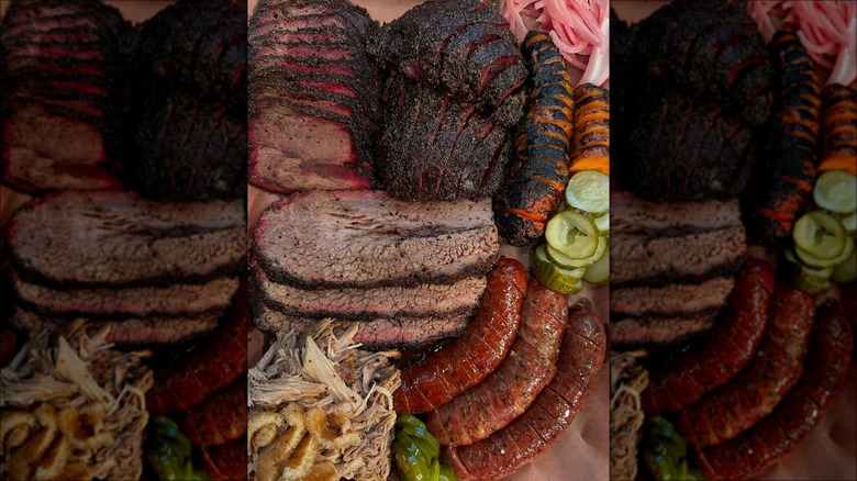 Barbecued meats from LeRoy with pickled cucumbers and onions